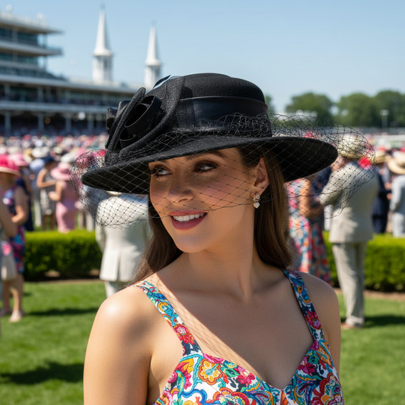 Elegant Black Wide Brim Dress Hat Rose Mesh Organza Bow Veil Church Derby Wool - Picture 2 of 9
